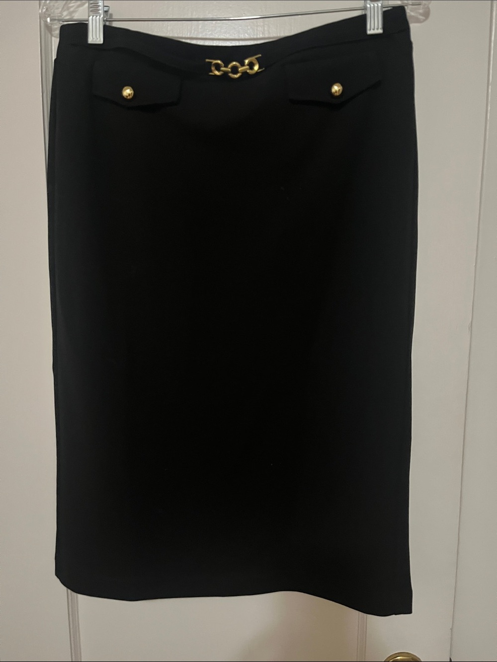 Soho Black Pencil Skirt with Gold Chain Accent